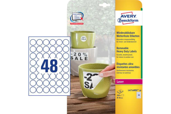 AVERY ZW. Etiketten Laser 30mm L4716REV2 weiss, non-perm. 20 Blatt