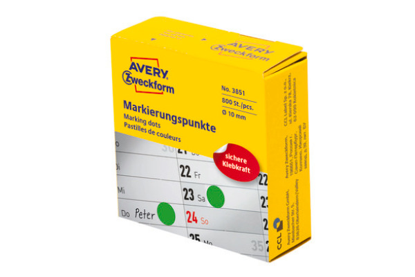 AVERY ZW. Markierungspunkte 10mm 3851 grün, Spender 800 Stück