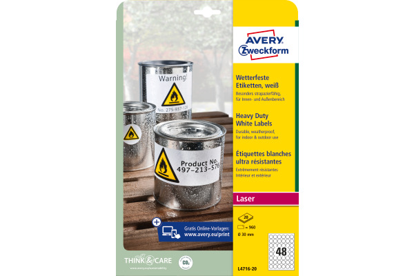 AVERY ZW. Folienetiketten 30mm L4716-20 weiss, perm. 960 St./20 Bl.