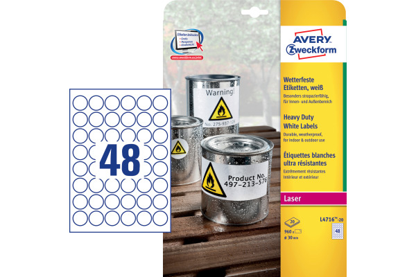 AVERY ZW. Folienetiketten 30mm L4716-20 weiss, perm. 960 St./20 Bl.