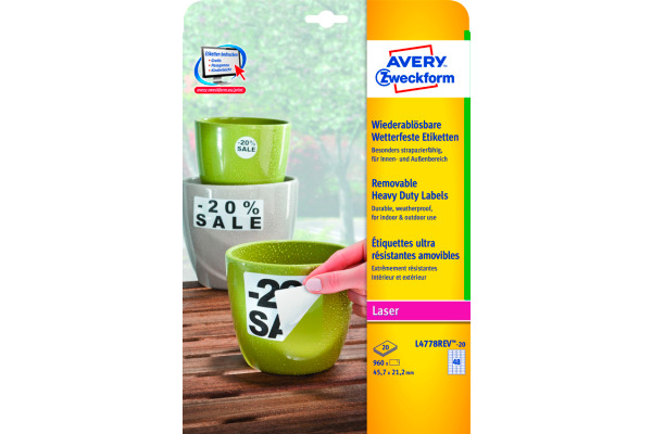 AVERY ZW. Folienetiketten 45,7x21,2mm L4778REV2 weiss,non-perm. 960 St./20 Bl.