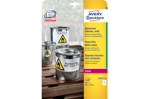 AVERY ZW. Etiketten 99.1x139mm L4774-20 wetterfest, weiss 20 Blatt