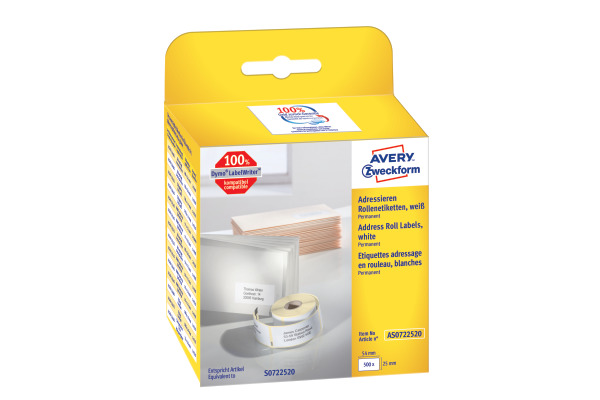 AVERY ZW. Adress-Etiketten 54x25mm AS0722520 weiss, Rolle 500 Stück