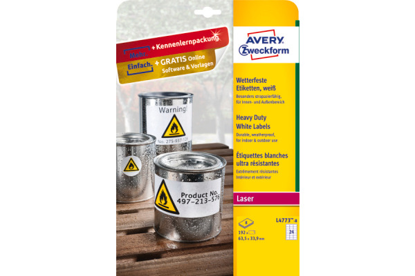 AVERY ZW. Etiketten Laser 63,5x33,9mm L47738 weiss, wetterfest 8 Blatt