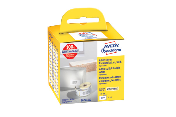 AVERY ZW. Adress-Etiketten 89x36mm ASS072240 weiss, Rolle 260 Stück