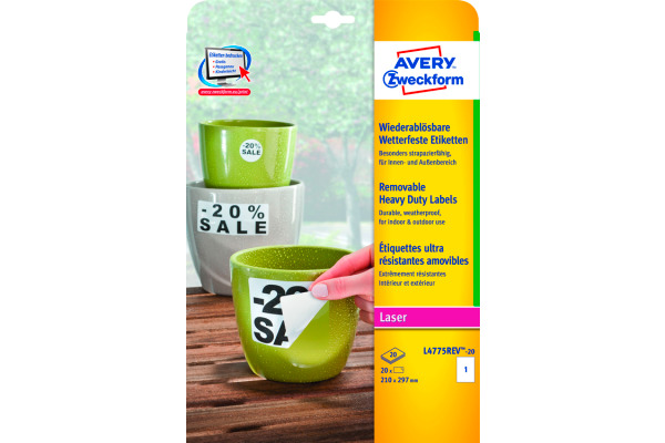 AVERY ZW. Folienetiketten 210x297mm L4775REV2 weiss,non-perm. 20 St./20 Bl.