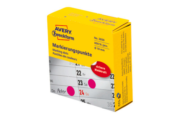 AVERY ZW. Markierungspunkte 10mm 3850 magenta, Spender 800 Stück