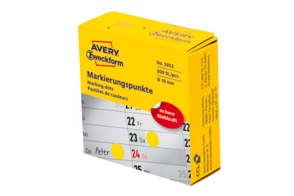 AVERY ZW. Markierungspunkte 10mm 3852 gelb, Spender 800 Stück