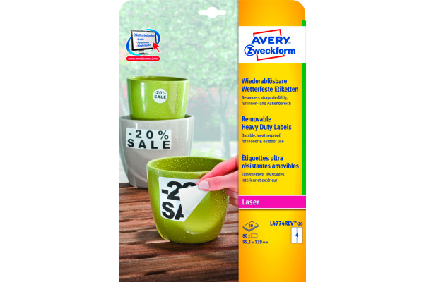 AVERY ZW. Folienetiketten 99,1x139mm L4774REV2 weiss,non-perm. 80 St. 20 Bl.