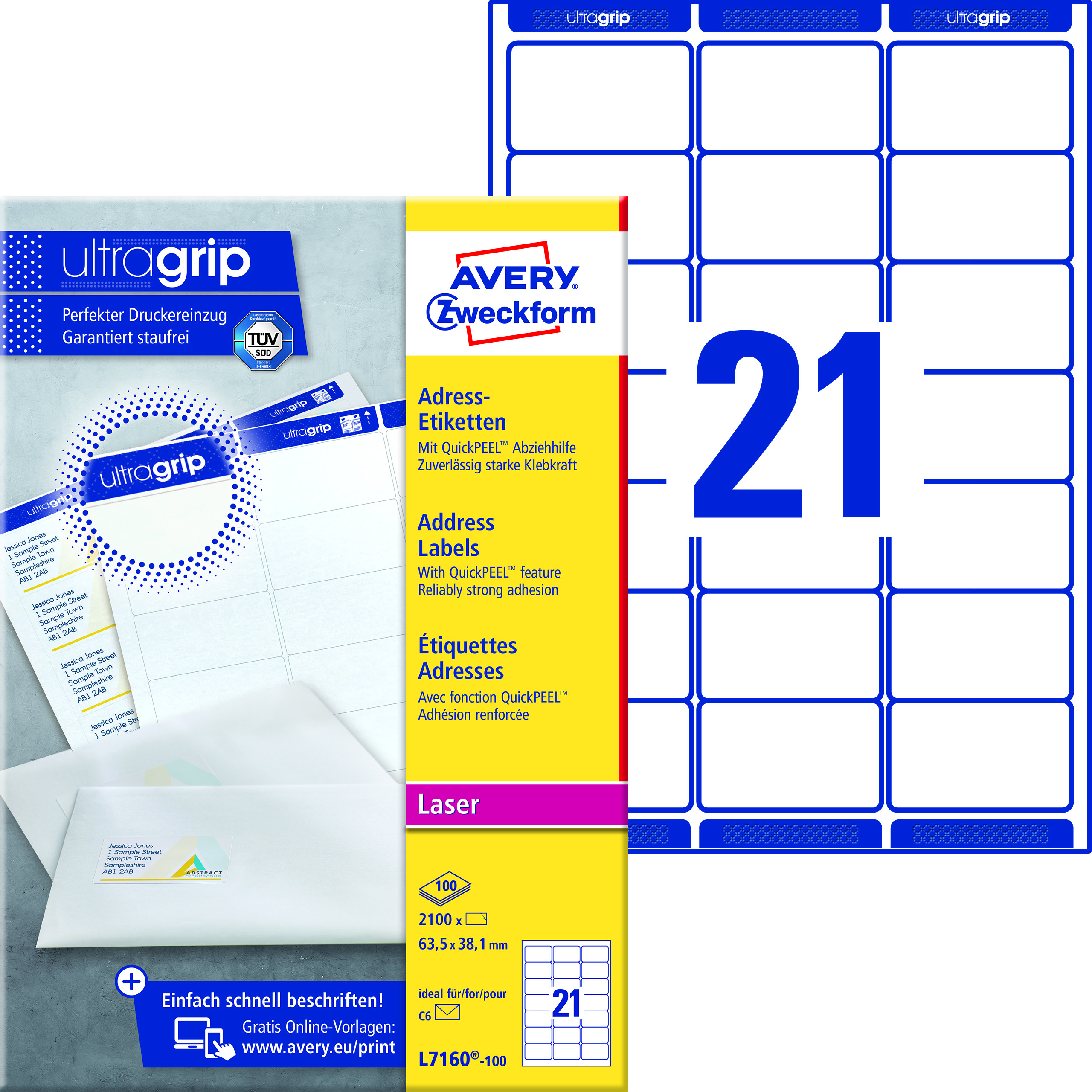 AVERY ZW. Adressetiketten 63,5x38,1mm L7160-100 weiss 2100 Stk./100 Blatt