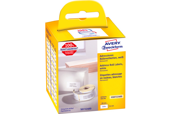 AVERY ZW. Adress-Etiketten 89x36mm AS0722400 weiss, Rolle 2x260 Stück