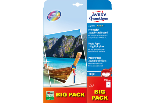 AVERY ZW. InkJet Fotopapier A4 2572-50 200g,glossy, weiss 50 Blatt
