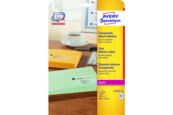 AVERY ZW. Adress-Etik. Laser 38x21,2mm L7551-25 transparent 1625 St./25 Blatt