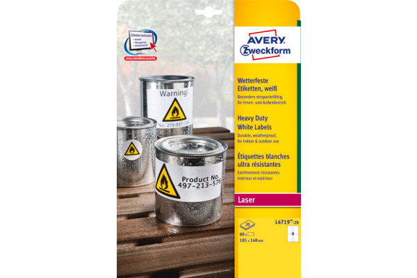 AVERY ZW. Etiketten Laser 105x148mm L471920 weiss, wetterfest 20 Blatt