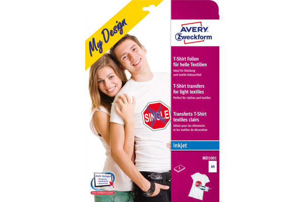 AVERY ZW. Textilfolie Iron-on A4 MD1001 Inkjet helle Textilien 5 Stk.