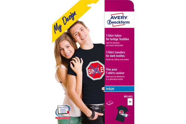AVERY ZW. Textilfolie Iron-on A4 MD1003 Inkjet farbige Textil. 4 Stk.