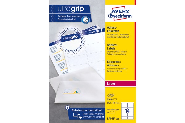 AVERY ZW. Adressetiketten 99,1x38,1mm L7163-250 weiss 3500 Stk./250 Blatt