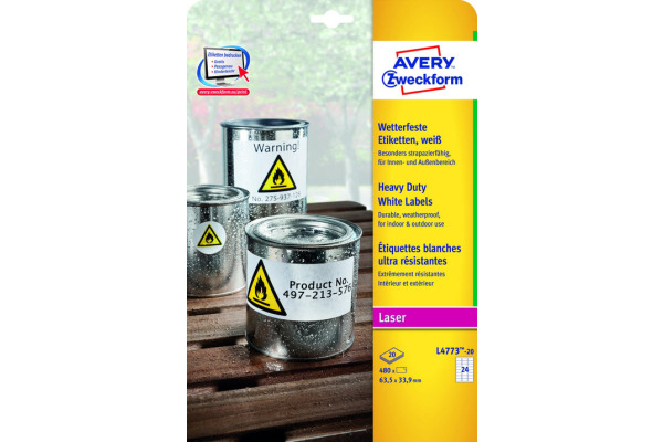 AVERY ZW. Folienetiketten 63,5x33,9mm L4773-20 wetterfest, perm.480Stk./20Bl.